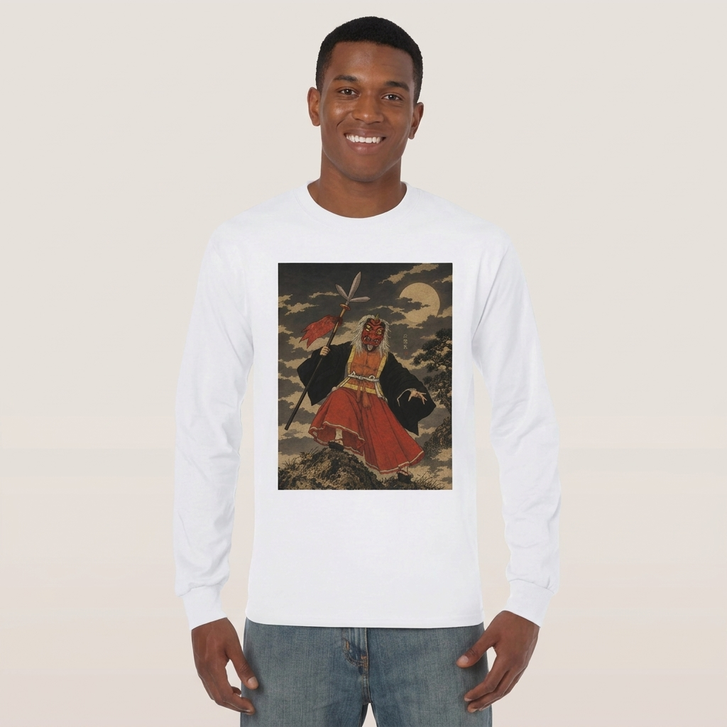 Hososhi Long Sleeve T-Shirt, Masked Exorcist Ukiyo-e Yokai Tee