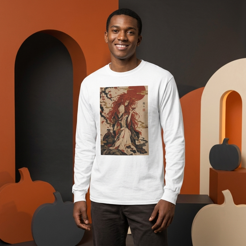 Shojo Long Sleeve T-Shirt, Red-Haired Sake Spirit Ukiyo-e Yokai Tee