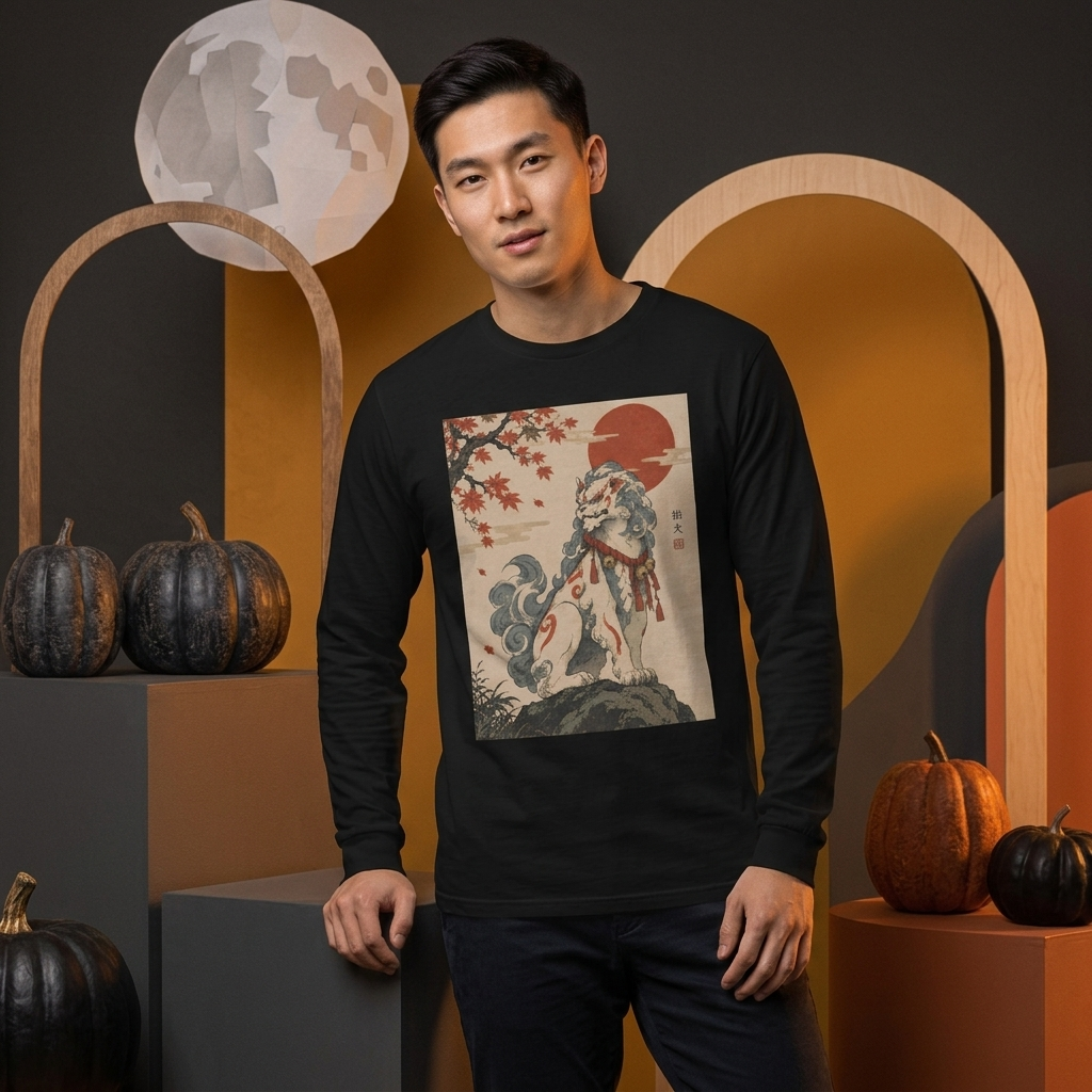 Komainu Long Sleeve T-Shirt, Lion-Dog Guardian Ukiyo-e Yokai Tee
