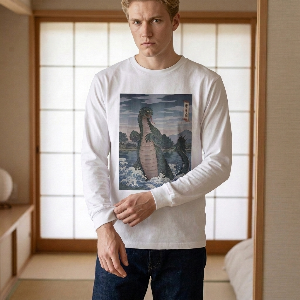 Honengyo Long Sleeve T-Shirt, River Serpent Ukiyo-e Yokai Tee