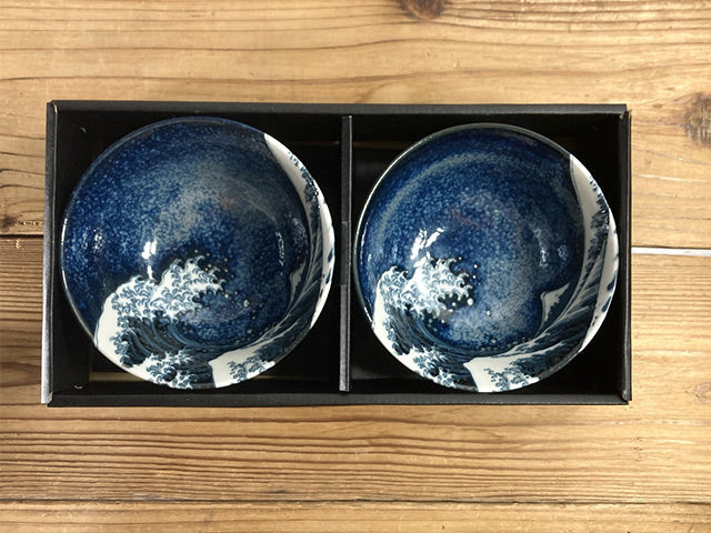Hokusai Wave Porcelain Rice Bowls Set - Japan