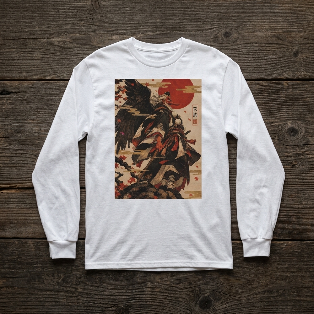 Tengu Long Sleeve T-Shirt, Winged Mountain Spirit Ukiyo-e Yokai Tee