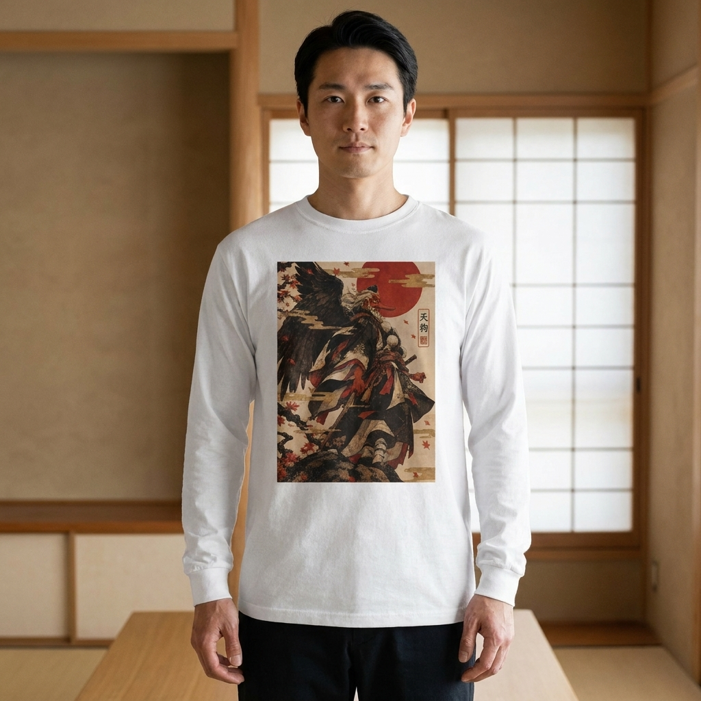 Tengu Long Sleeve T-Shirt, Winged Mountain Spirit Ukiyo-e Yokai Tee