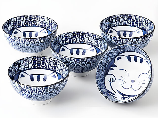 Maneki Neko Bowls set BOWL BOWLS MANEKI NEKO MINO CERAMIC RICE BOWLS SEIGAIHA SOUP BOWLS