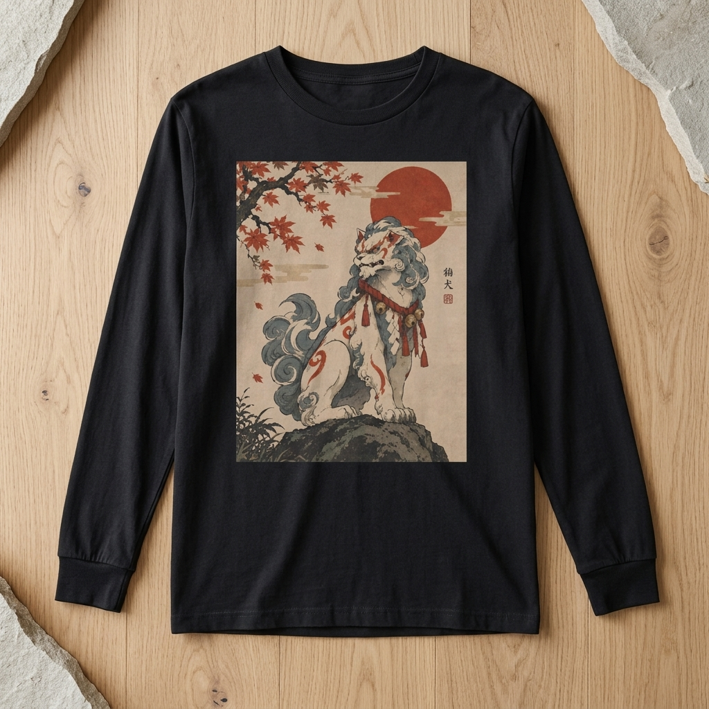 Komainu Long Sleeve T-Shirt, Lion-Dog Guardian Ukiyo-e Yokai Tee