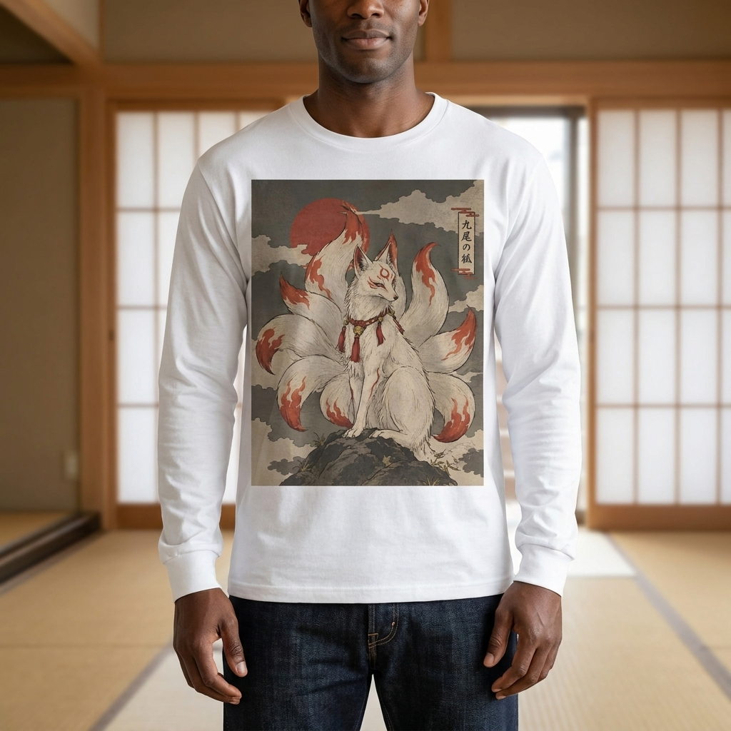 Nine-Tailed Fox Long Sleeve T-Shirt, Kyubi no Kitsune Ukiyo-e Yokai Tee