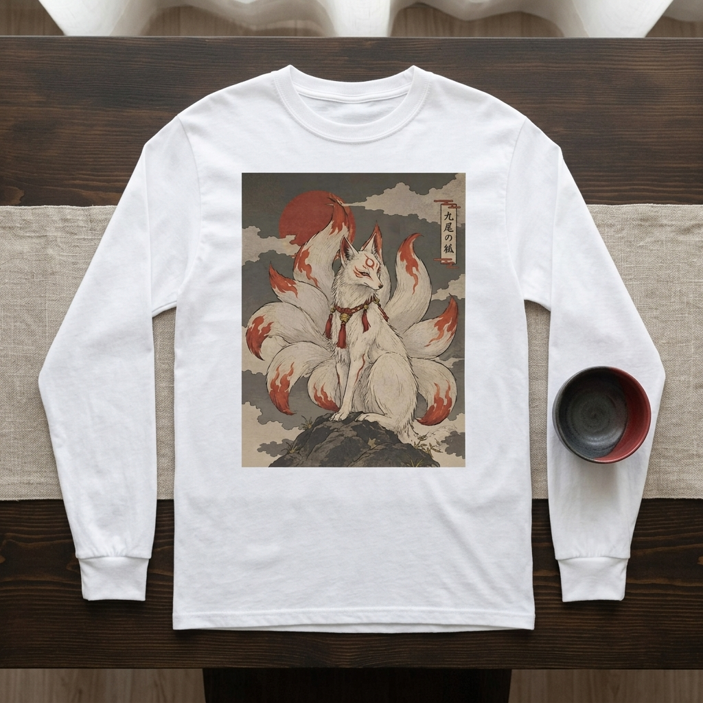 Nine-Tailed Fox Long Sleeve T-Shirt, Kyubi no Kitsune Ukiyo-e Yokai Tee