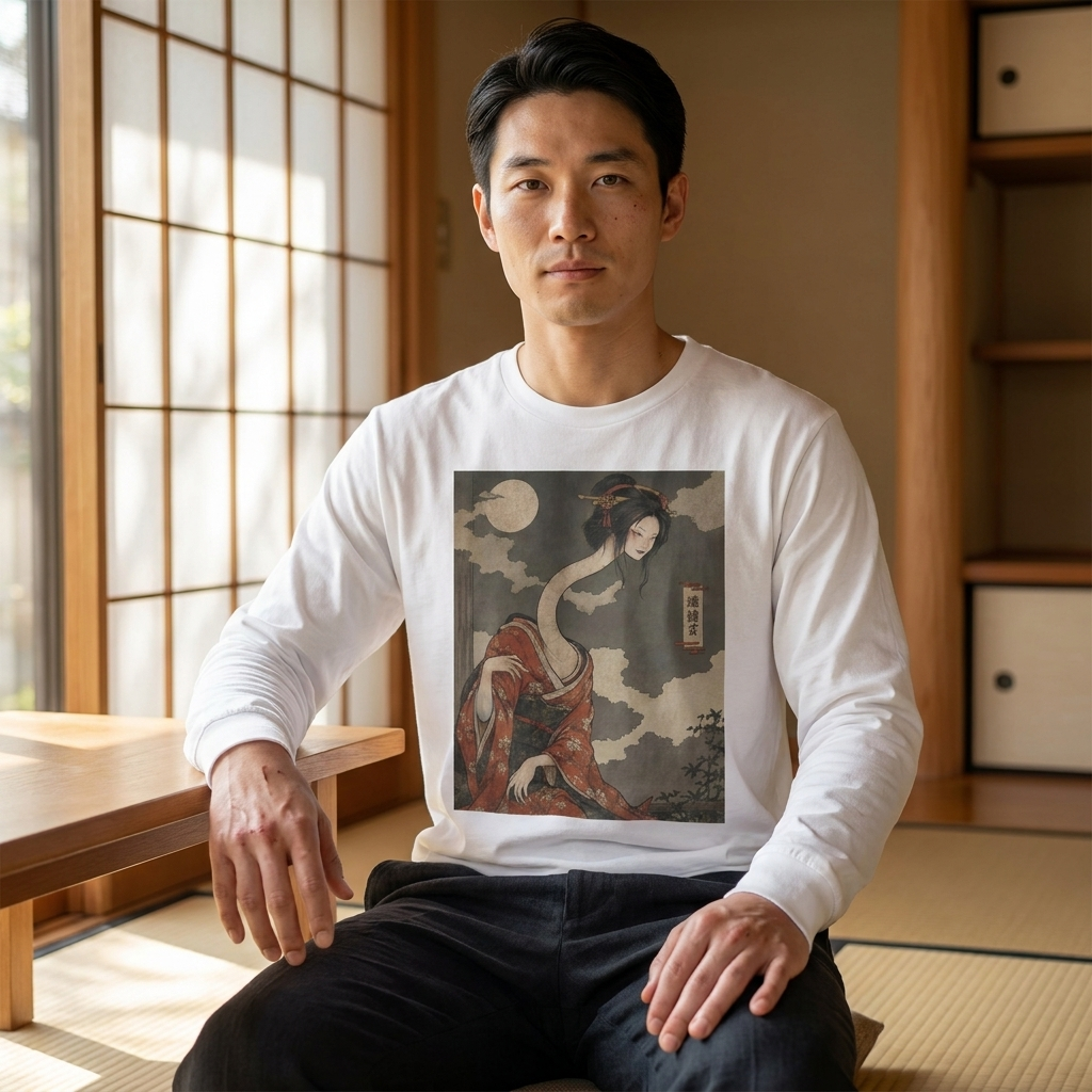 Rokurokubi Long Sleeve T-Shirt, Long-Necked Woman Ukiyo-e Yokai Tee