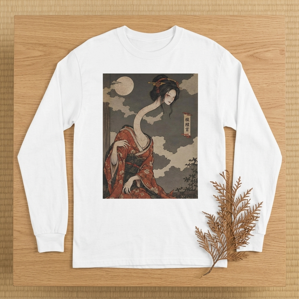 Rokurokubi Long Sleeve T-Shirt, Long-Necked Woman Ukiyo-e Yokai Tee