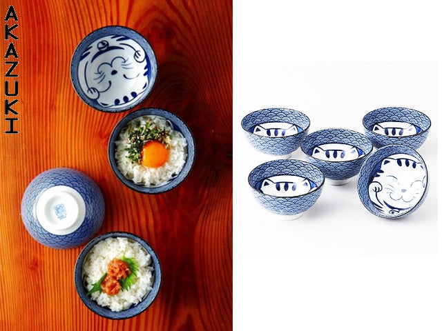 Maneki Neko Bowls set BOWL BOWLS MANEKI NEKO MINO CERAMIC RICE BOWLS SEIGAIHA SOUP BOWLS